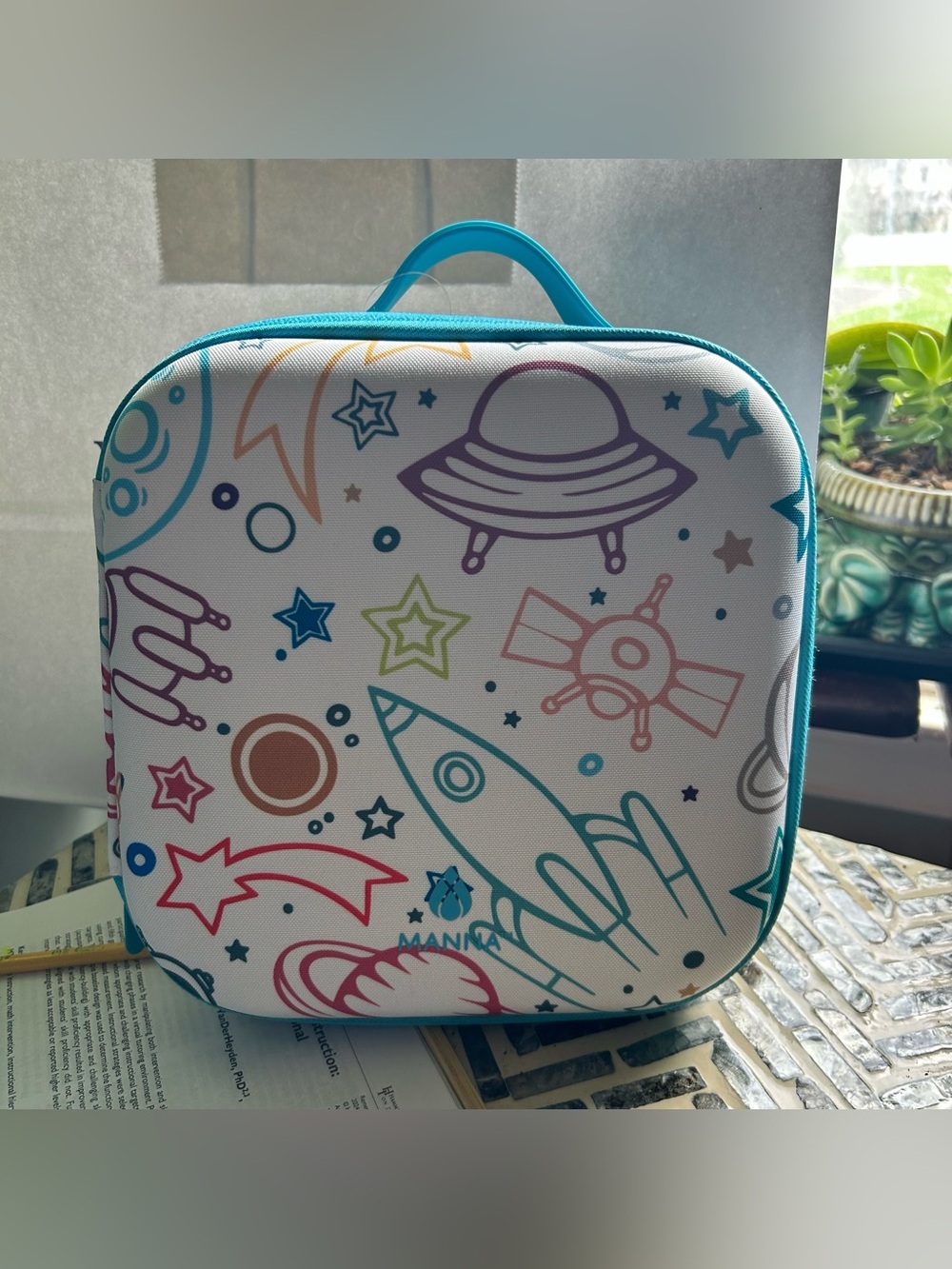 Manna hardshell lunch bag with easy care handle UFO Space theme 9.75x3.75x11”